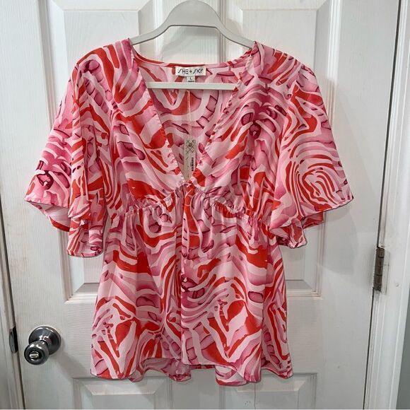 SHE+SKY Pink, Mauve and coral Empire waist Plunge Print Top w flutter sleeves Lg - Picture 2 of 13